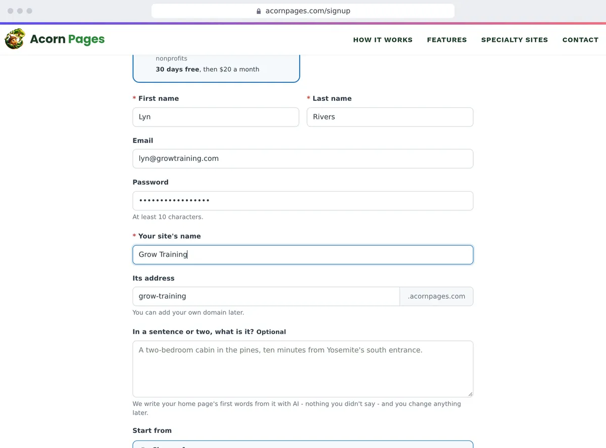 The sign-up form: the site's name, and its address made from it