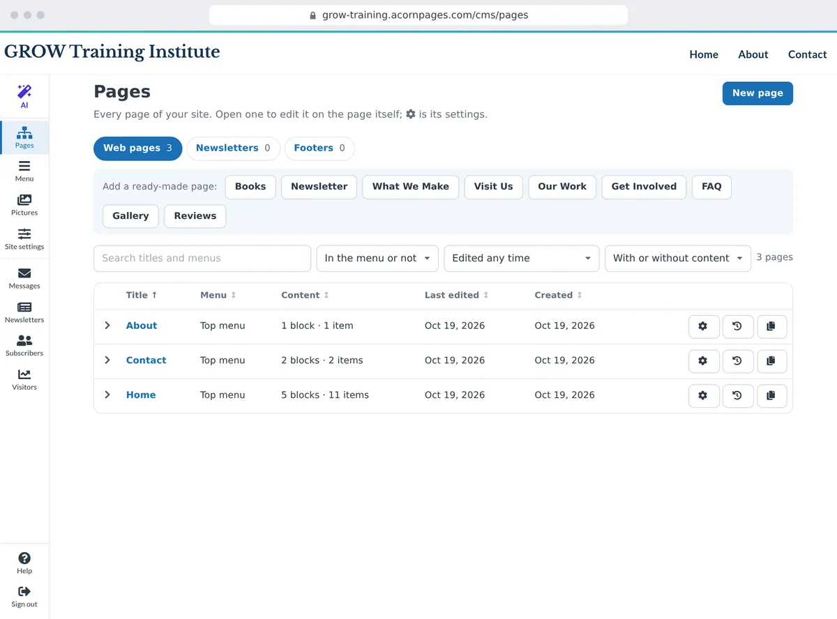 The Pages screen, with ready-made pages to add in a click