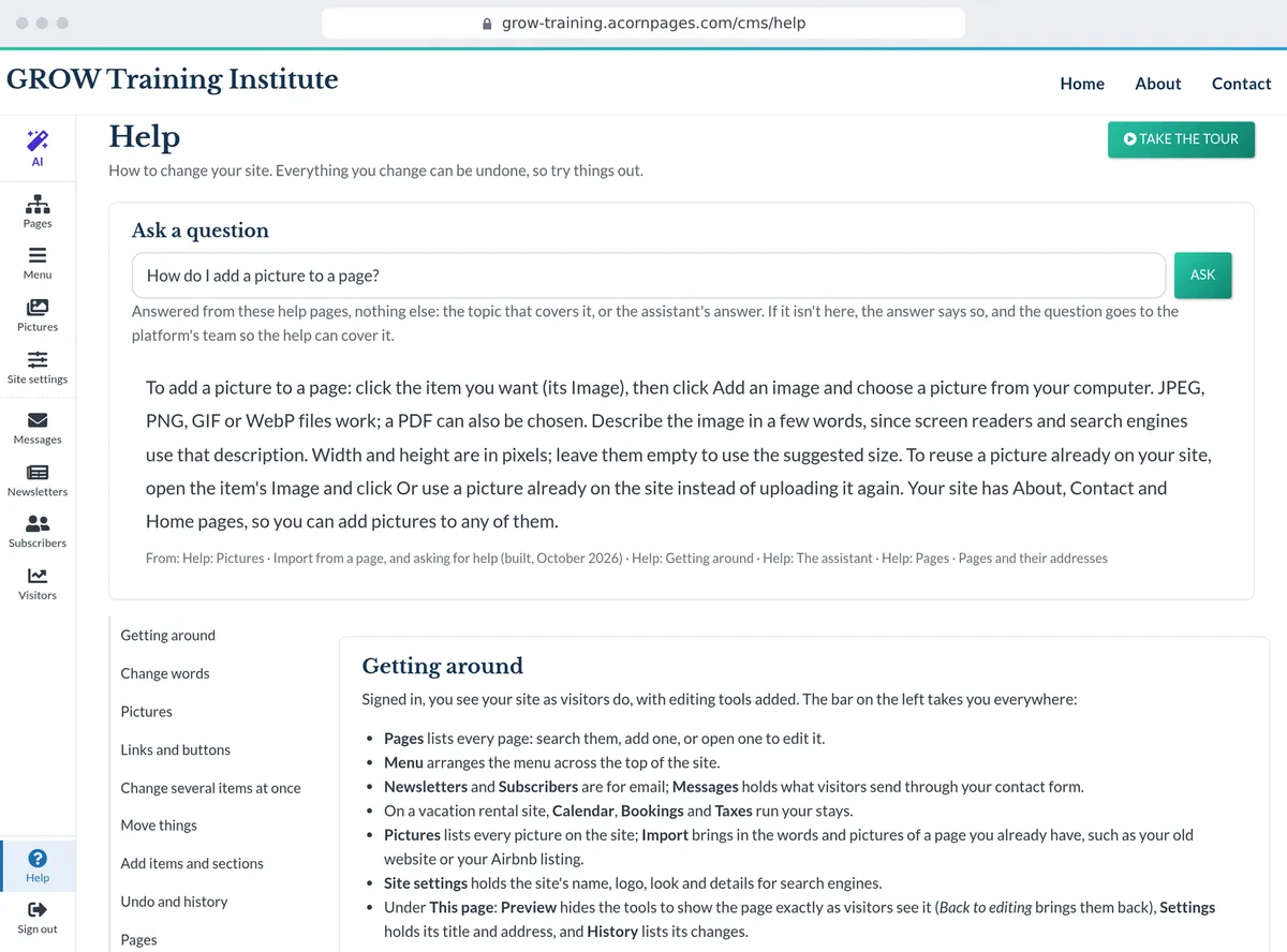 The Help page's question box, with an answer about the owner's own site