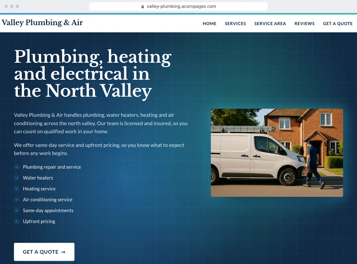 A plumbing and heating company's site made with Acorn Pages, written by AI from one sentence