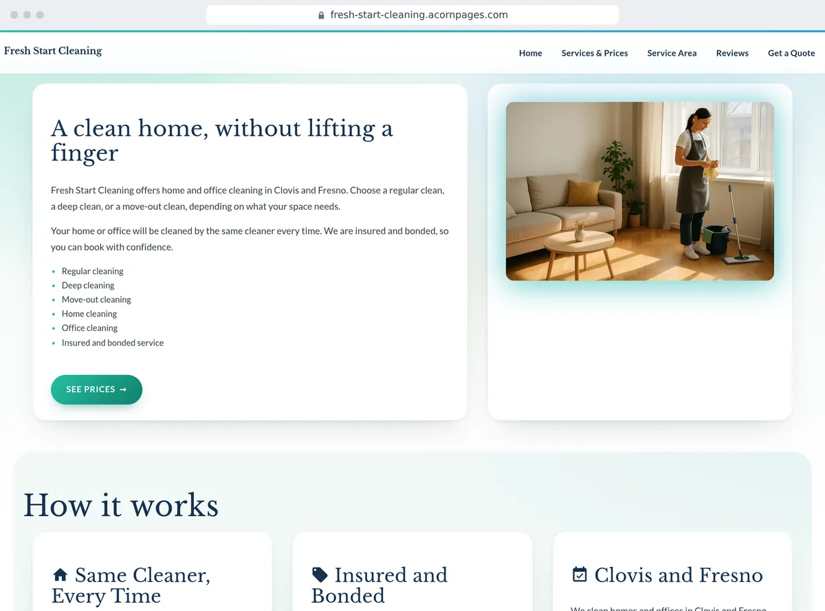 A cleaning company's site made with Acorn Pages, written by AI from one sentence