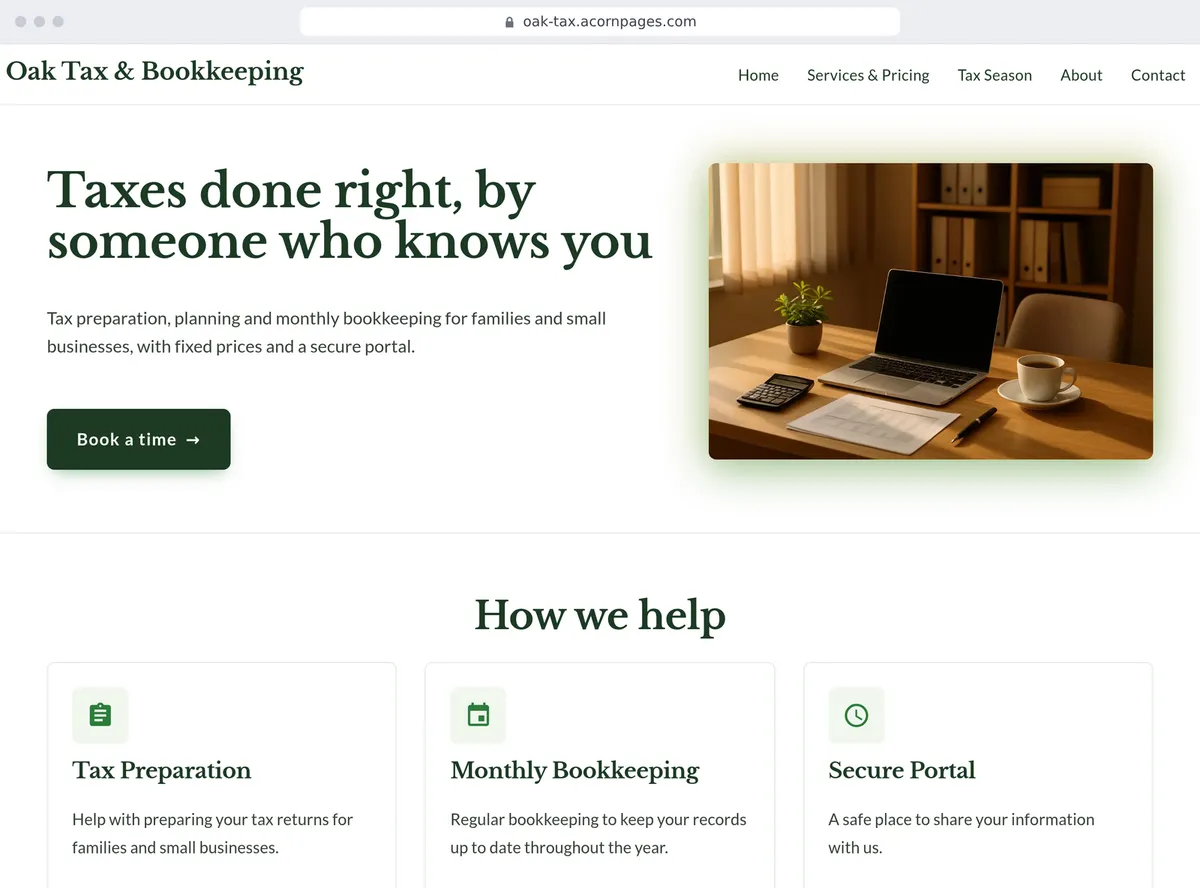 A tax and bookkeeping practice's site made with Acorn Pages, written by AI from one sentence
