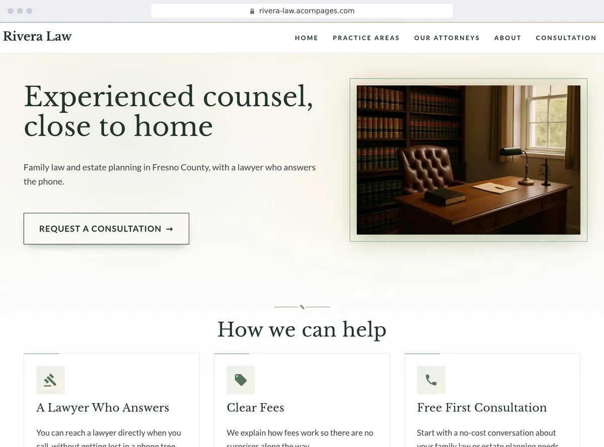 A law firm's site made with Acorn Pages, written by AI from one sentence