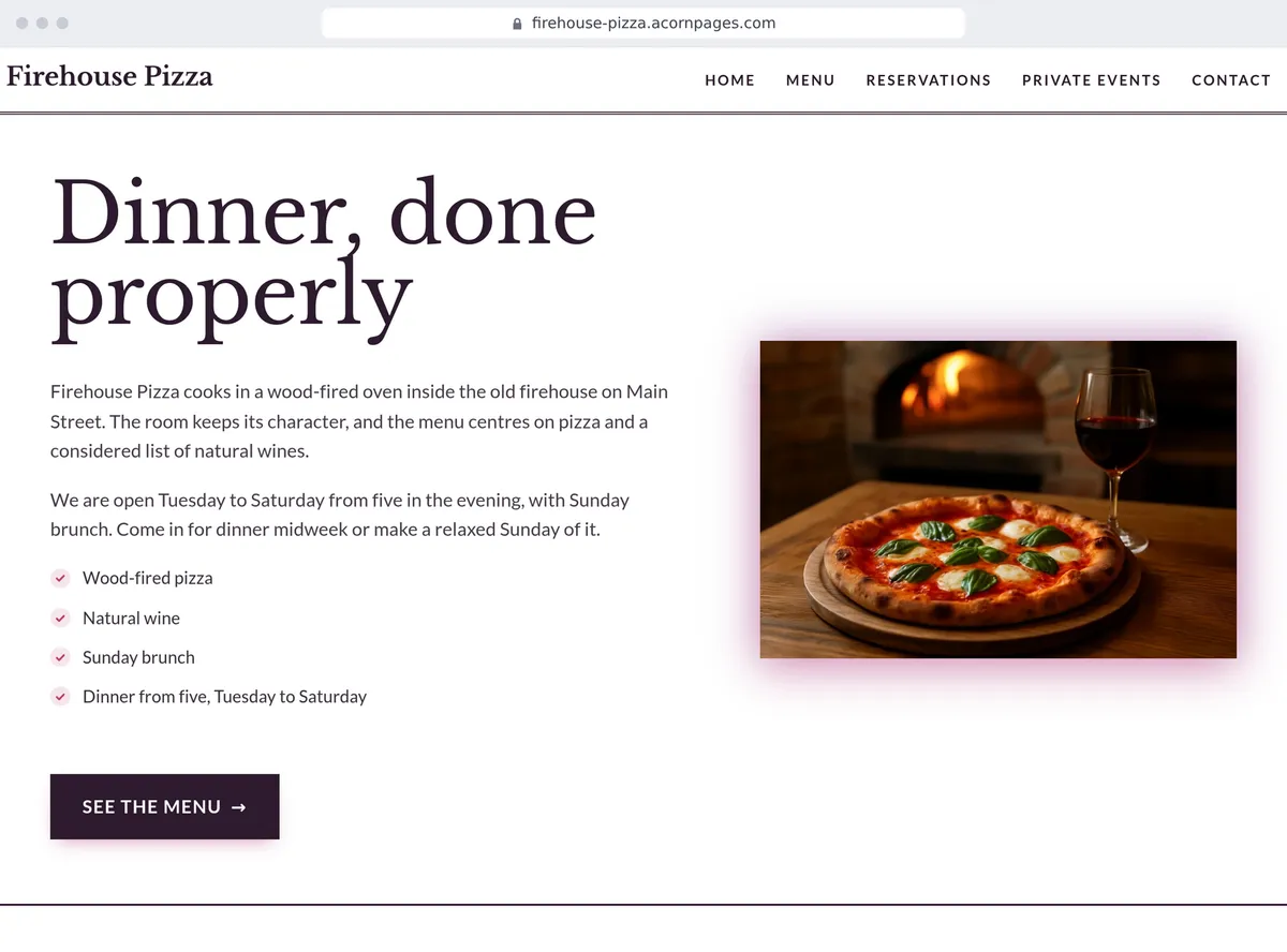 A restaurant's site made with Acorn Pages, written by AI from one sentence