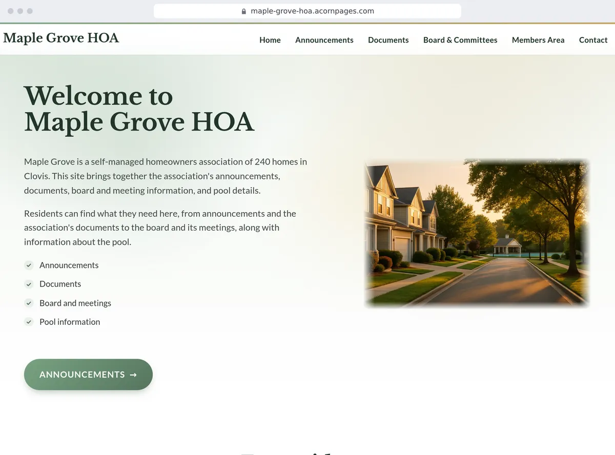 A homeowners association's site made with Acorn Pages, written by AI from one sentence