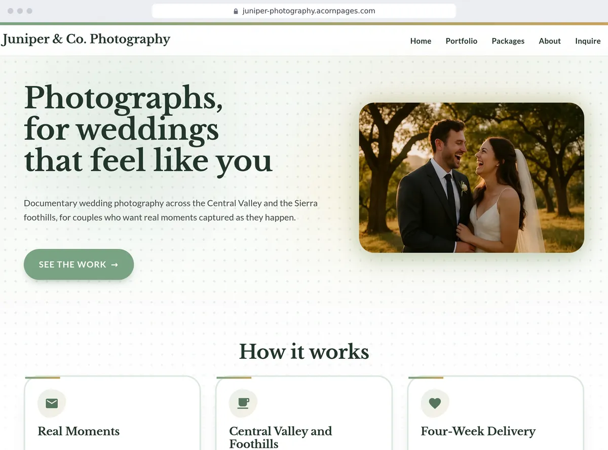 A wedding photographer's site made with Acorn Pages, written by AI from one sentence